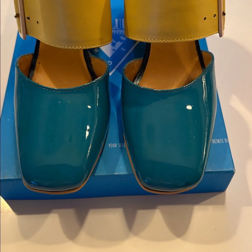 John Fluevog Teal and Yellow Heels Hermine Buckle 6.5 - Picture 2 of 8